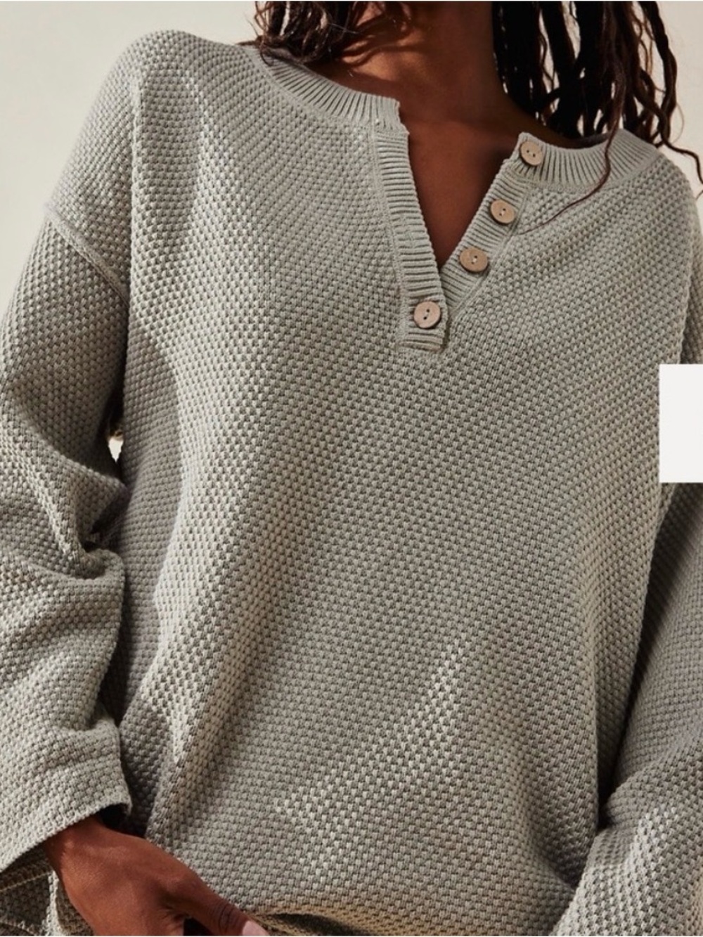 Free People Beach Hailee‎ Waffle Knit Henley Sweater Salt Water Khaki Gray
